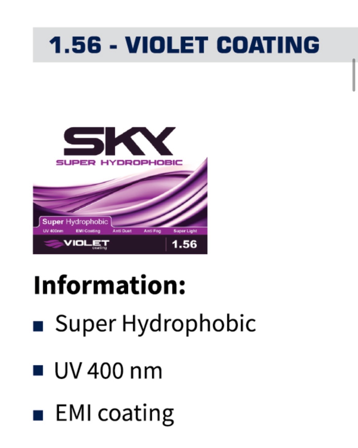 عدسی هیدروفوبیک اسکای Sky 1.56 با پوشش بنفش
